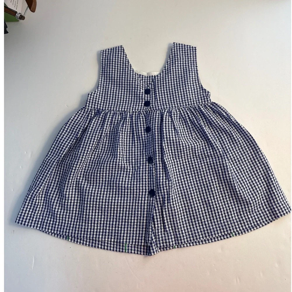 Vintage 90s Samara Navy Gingham Tulip Embroidery seersucker dress 4T cottagecore